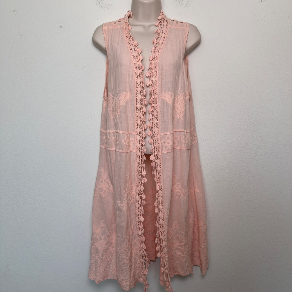 Women Cardigan Duster Pink Large Butterfly‎ Embroidered Crochet Boho Western